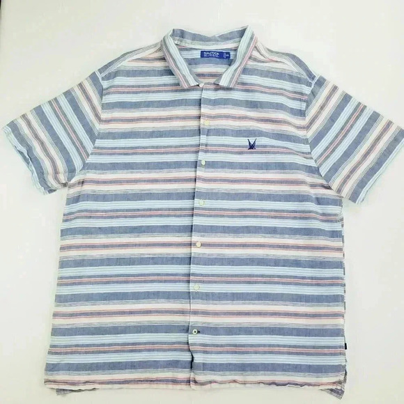 Nautica Blue Sail 2XL Embroidered Logo Linen Men's Short Sleeve Stripe Shirt - Picture 1 of 9